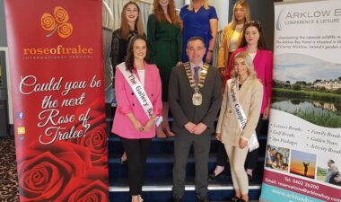 Cllr Shay Cullen, Cathaoirleach, Wicklow County Council and Breda Heary (back), Wicklow rose centre coordinator, with Wicklow Rose contestants